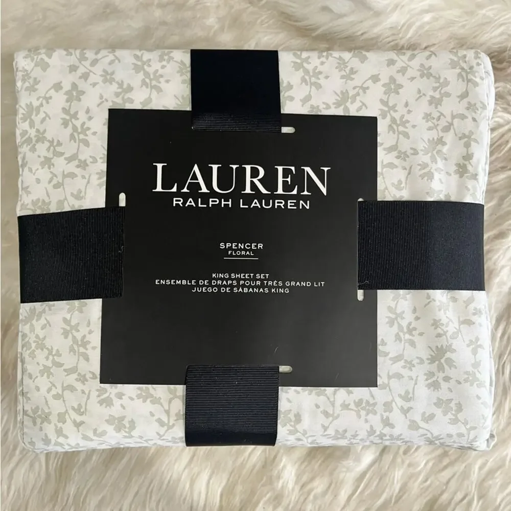 New LRL Ralph Lauren Spencer Floral Sage King Size Cotton Sateen Bedding Sheets